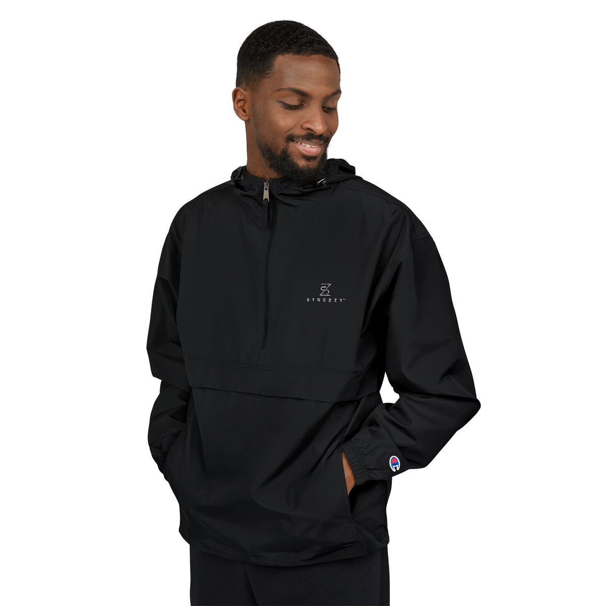 Black hooded anorak windbreaker with front zipper and embroidered chest logo