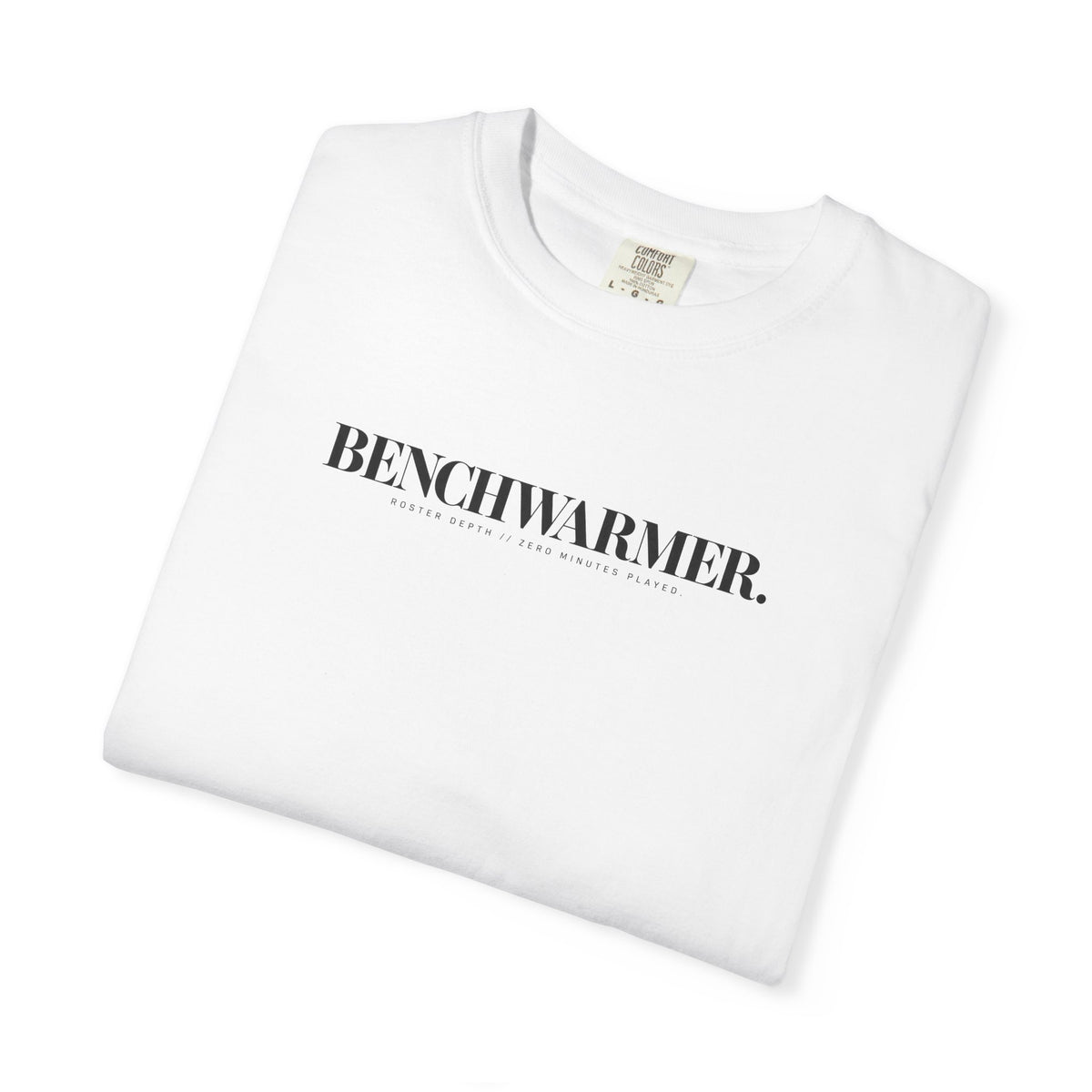 White Benchwarmer T-shirt with 'BENCHWARMER' logo front print