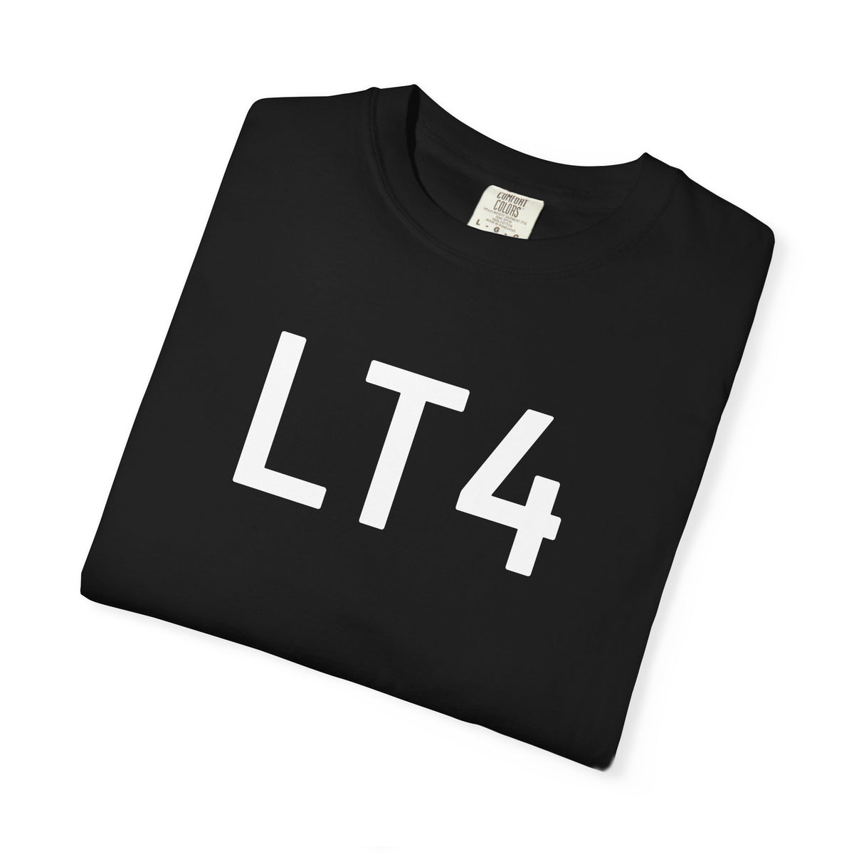 Black crewneck T-shirt with oversized 'LT4' front print