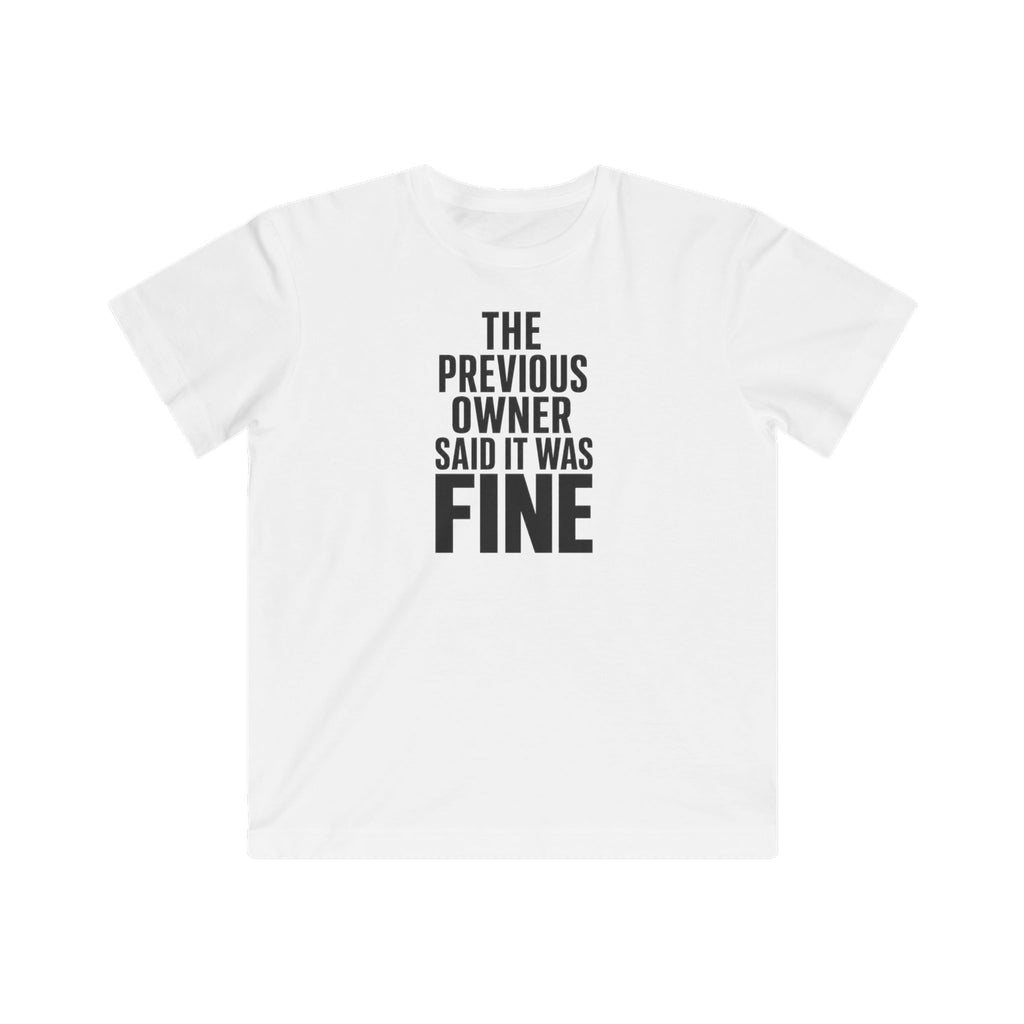 Kids graphic T-shirt, white with 'FINE' slogan text print