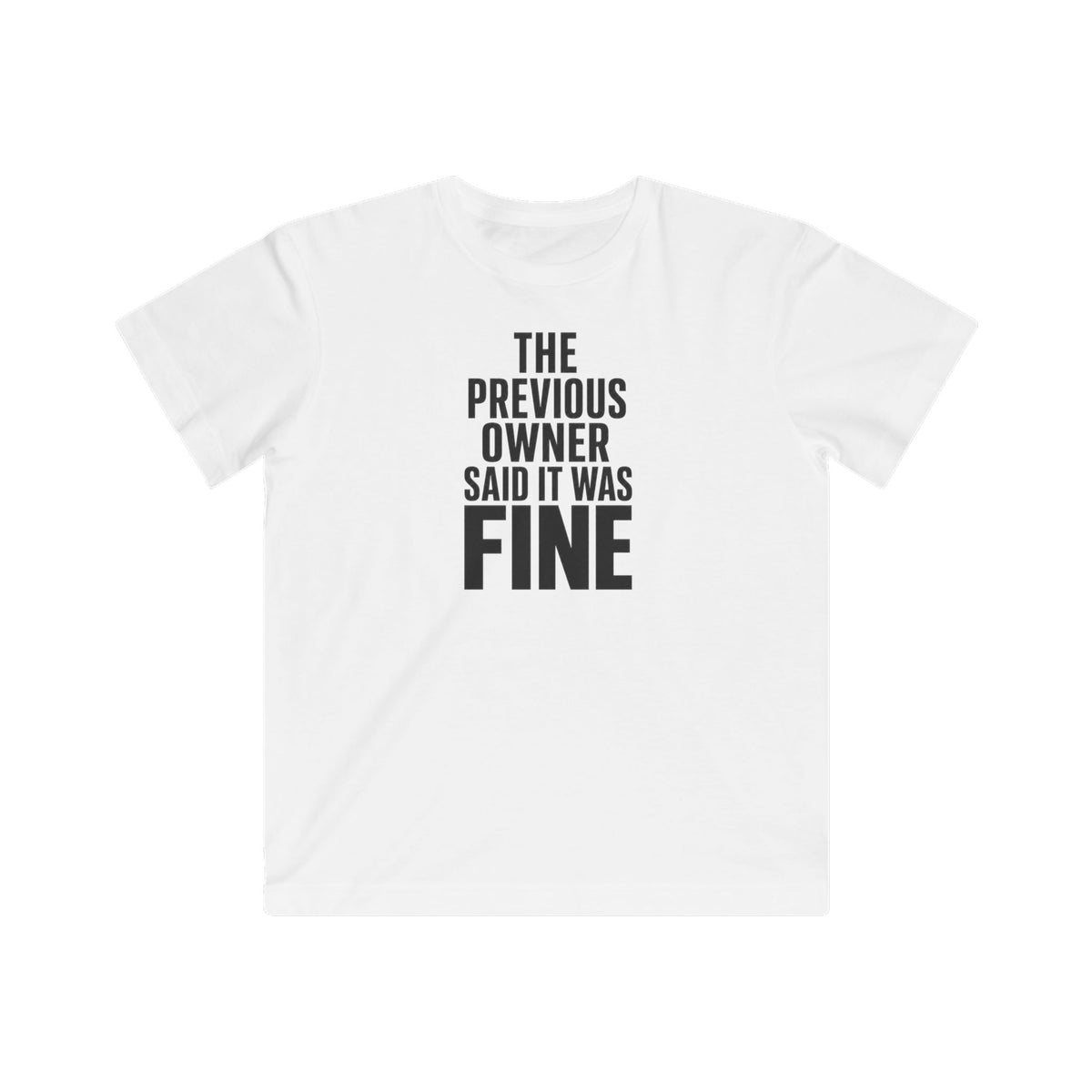 Kids graphic T-shirt, white with 'FINE' slogan text print