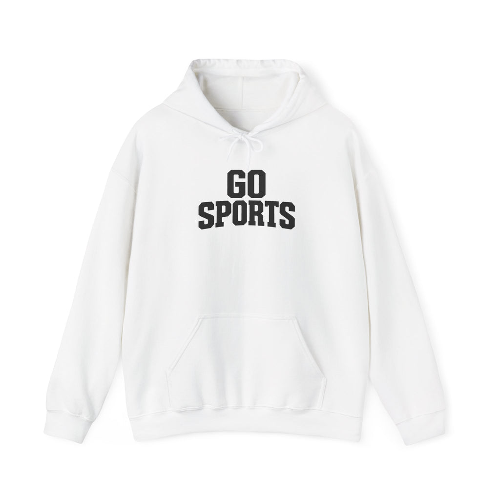 Go Sports hoodie in white with front kangaroo pocket and drawstring hood logo