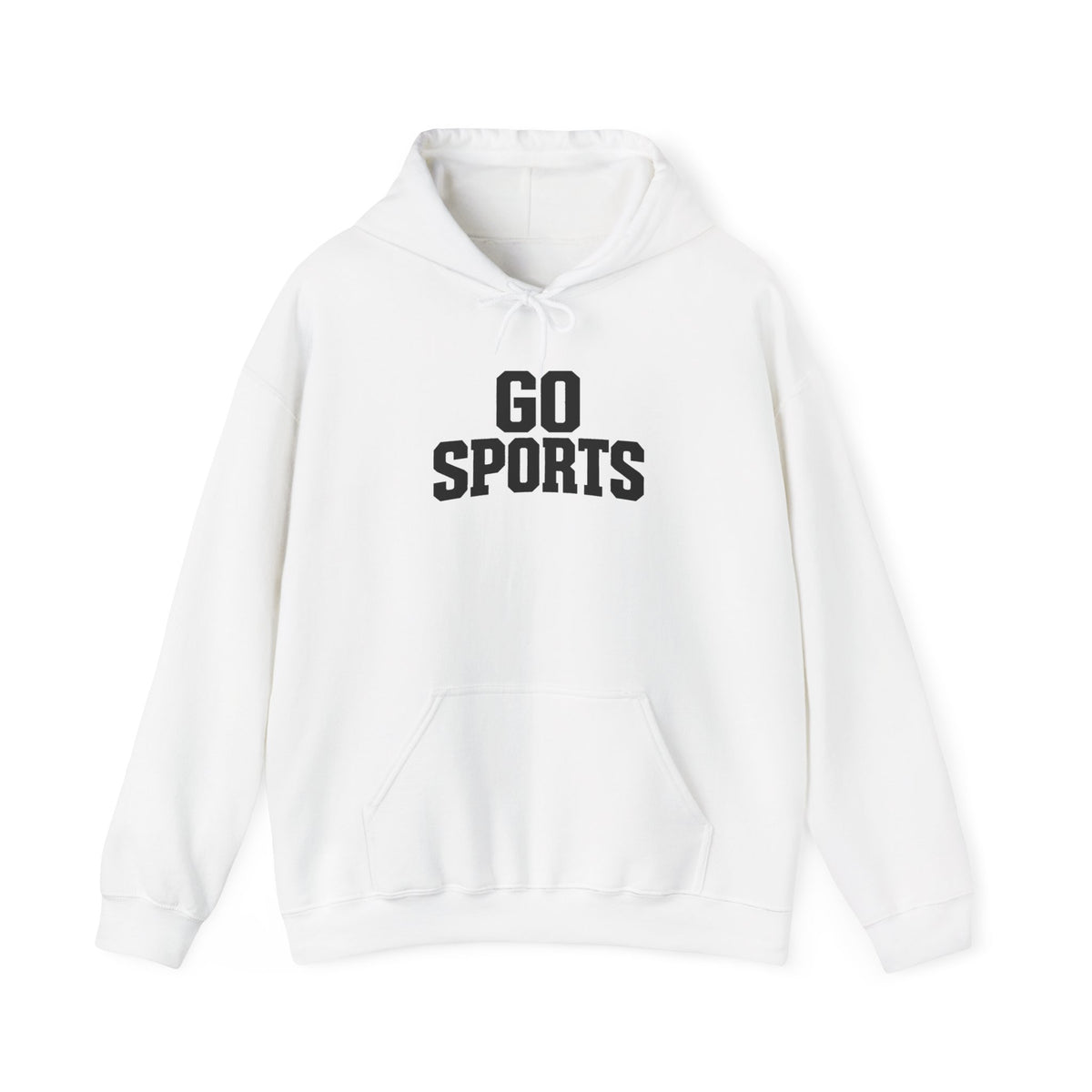 Go Sports hoodie in white with front kangaroo pocket and drawstring hood logo