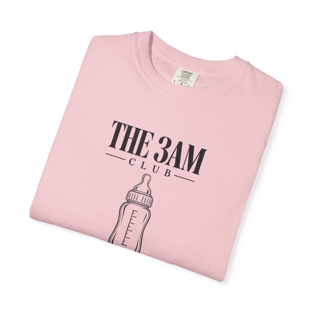 Pink T-shirt with 'THE 3AM CLUB' baby bottle graphic on the front