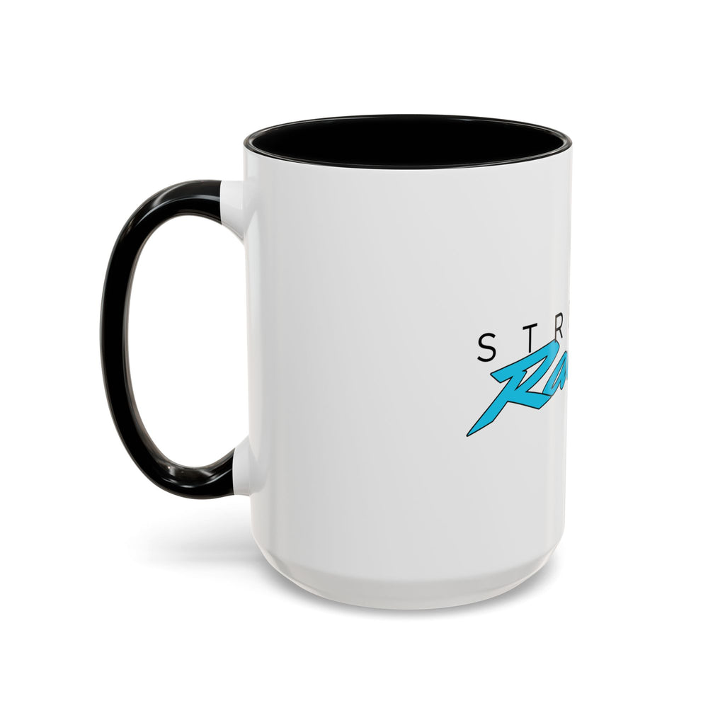 Black and white racing accent mug with logo print and black handle