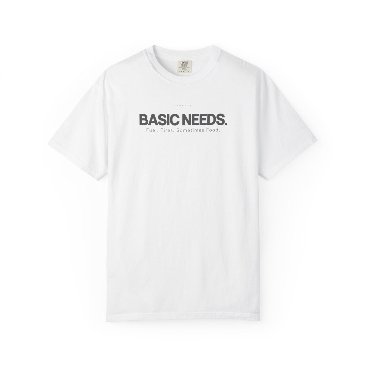 White graphic crewneck T-shirt with 'BASIC NEEDS' front print