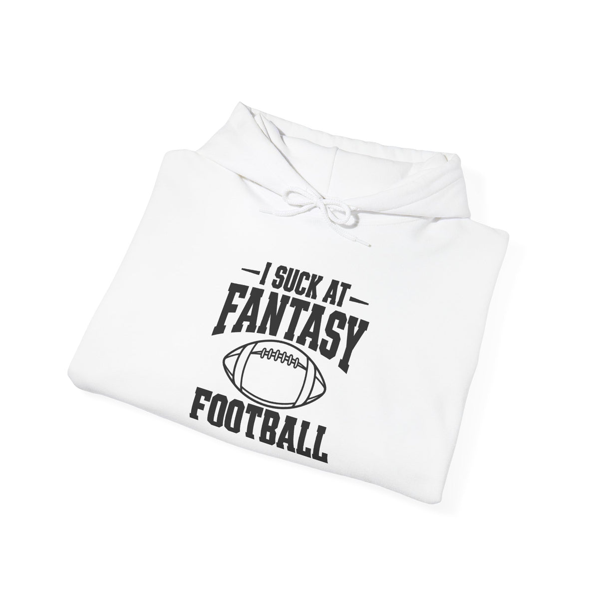 White fantasy football hoodie with hood, drawstring, and football graphic on chest