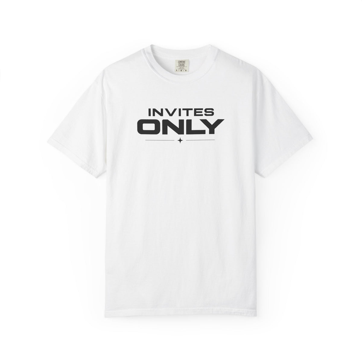 White crew-neck T-shirt with black 'INVITES ONLY' front graphic
