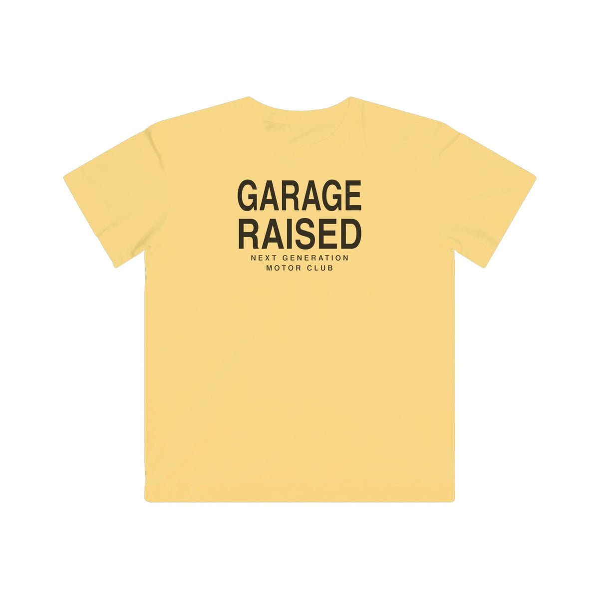 Kids graphic T-shirt with 'GARAGE RAISED' logo, butter yellow
