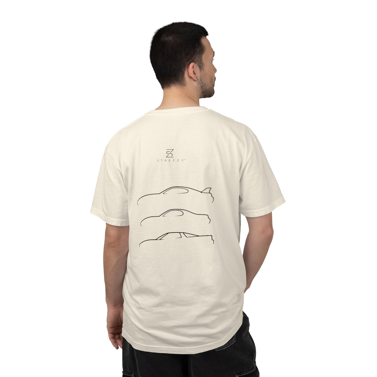 Ivory crewneck t-shirt with back graphic of three line-art sports car silhouettes
