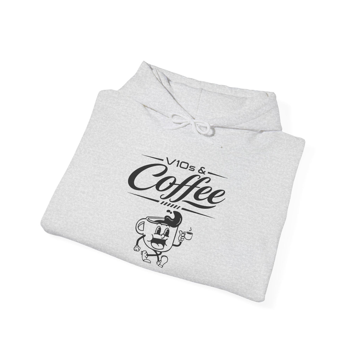 Light gray folded hoodie with large “V10s & Coffee” graphic and cartoon figure