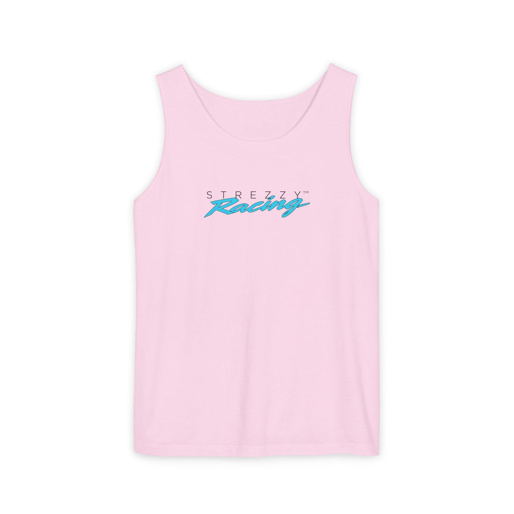 Blush pink racing tank top with crew neckline and front logo print
