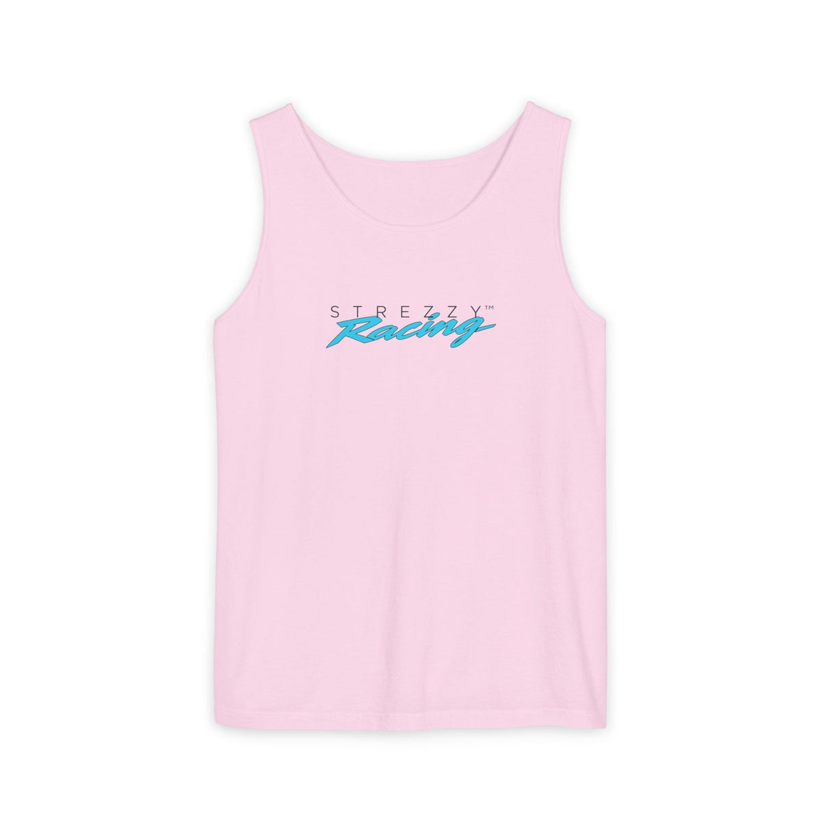 Blush pink racing tank top with crew neckline and front logo print