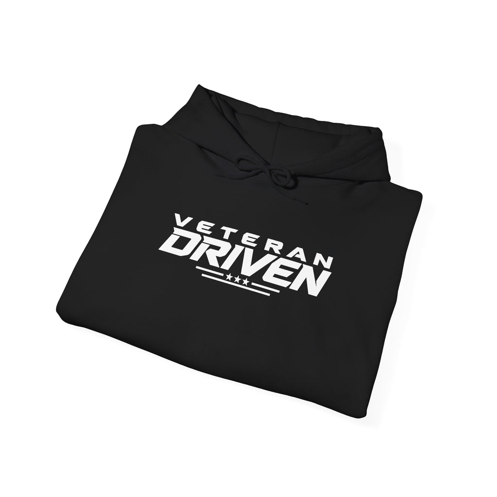 Black hoodie with Veteran Driven logo on chest and drawstring hood
