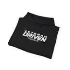 Black hoodie with Veteran Driven logo on chest and drawstring hood
