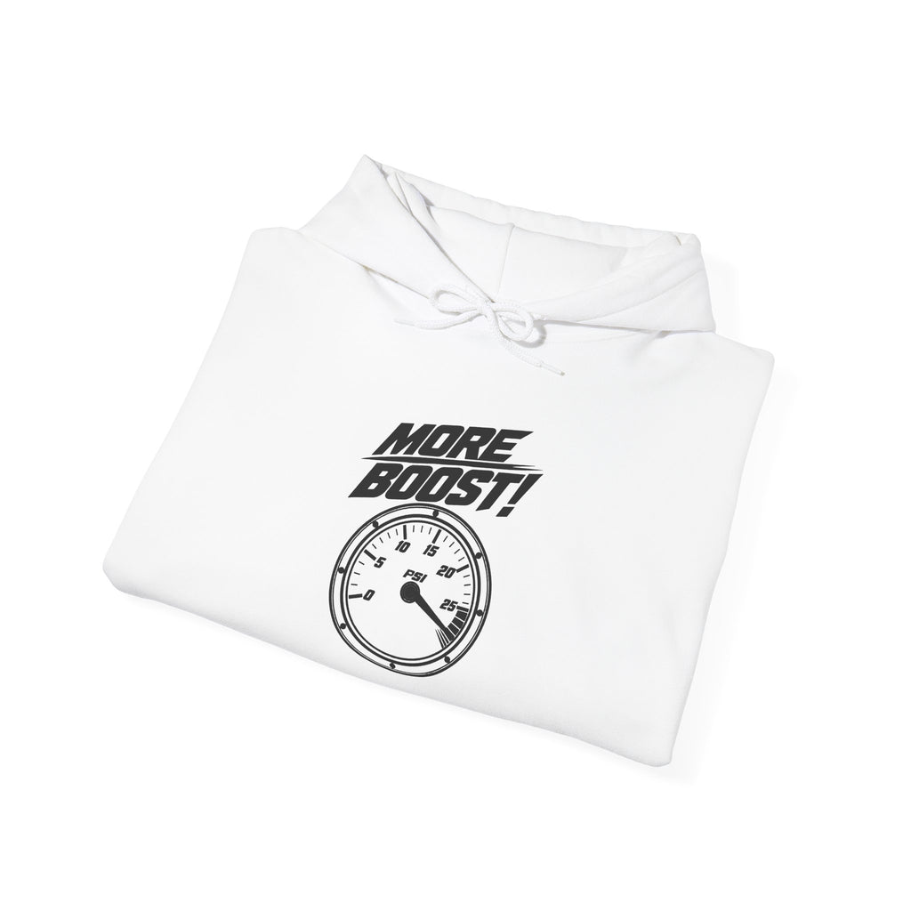 White pullover hoodie with “More Boost!” graphic on front and hood ties