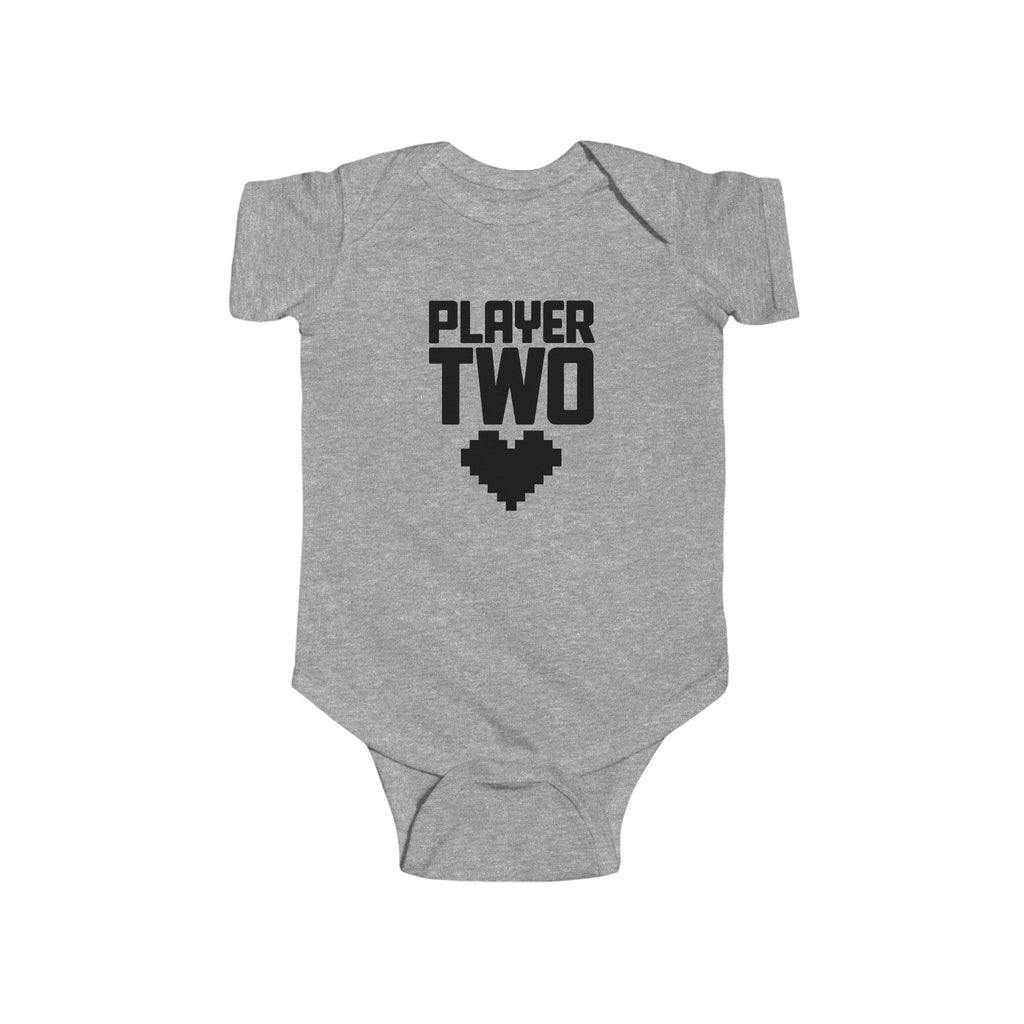 Heather gray baby bodysuit with short sleeves and 'Player Two' heart controller graphic