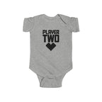 Heather gray baby bodysuit with short sleeves and 'Player Two' heart controller graphic