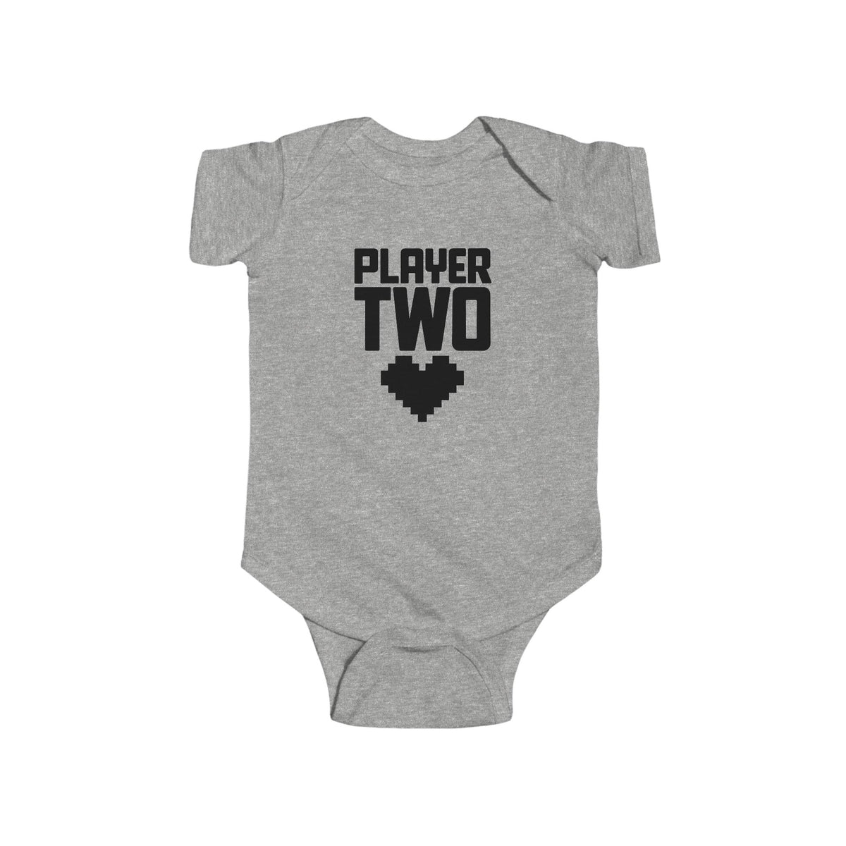 Heather gray baby bodysuit with short sleeves and 'Player Two' heart controller graphic