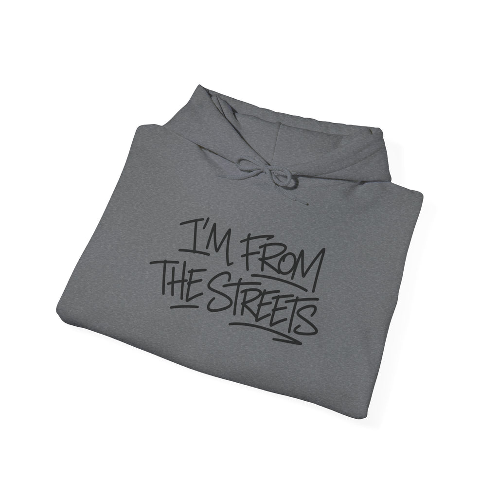Graphite heather hoodie with drawstring hood and street-map graphic on the front