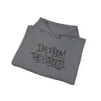 Graphite heather hoodie with drawstring hood and street-map graphic on the front