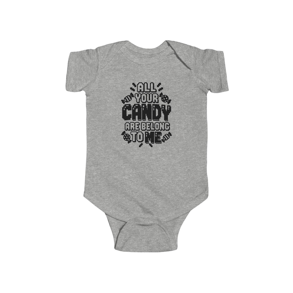 Heather gray baby bodysuit with bold candy-themed text graphic on chest