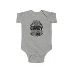 Heather gray baby bodysuit with bold candy-themed text graphic on chest