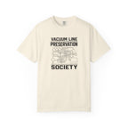 Ivory t-shirt with Vacuum Line Preservation Society graphic on the front