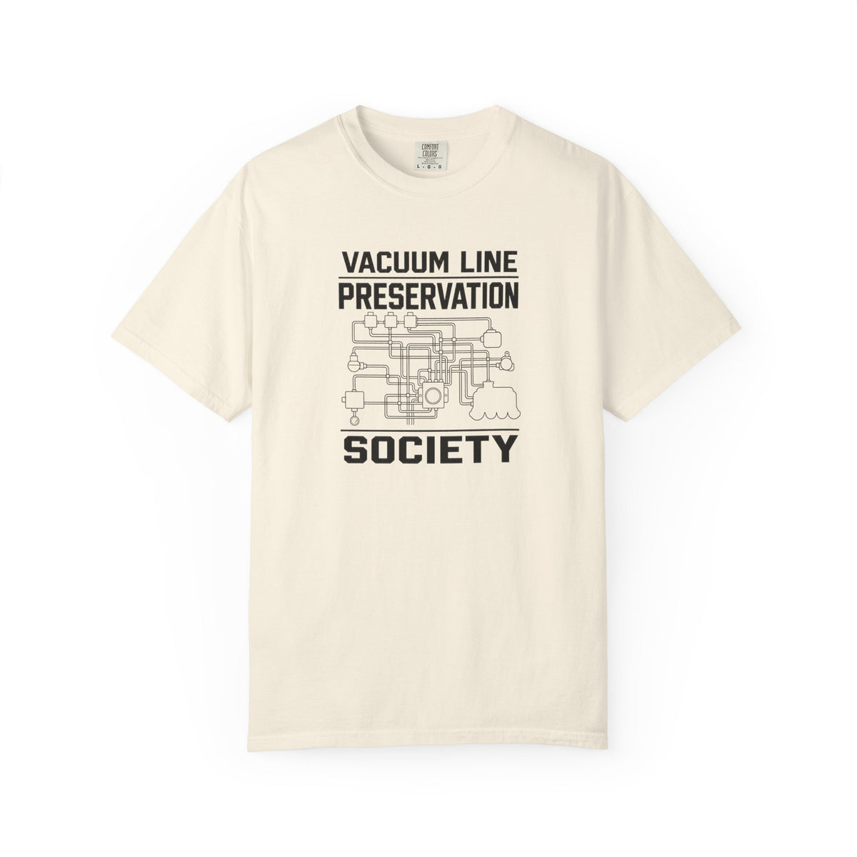 Ivory t-shirt with Vacuum Line Preservation Society graphic on the front
