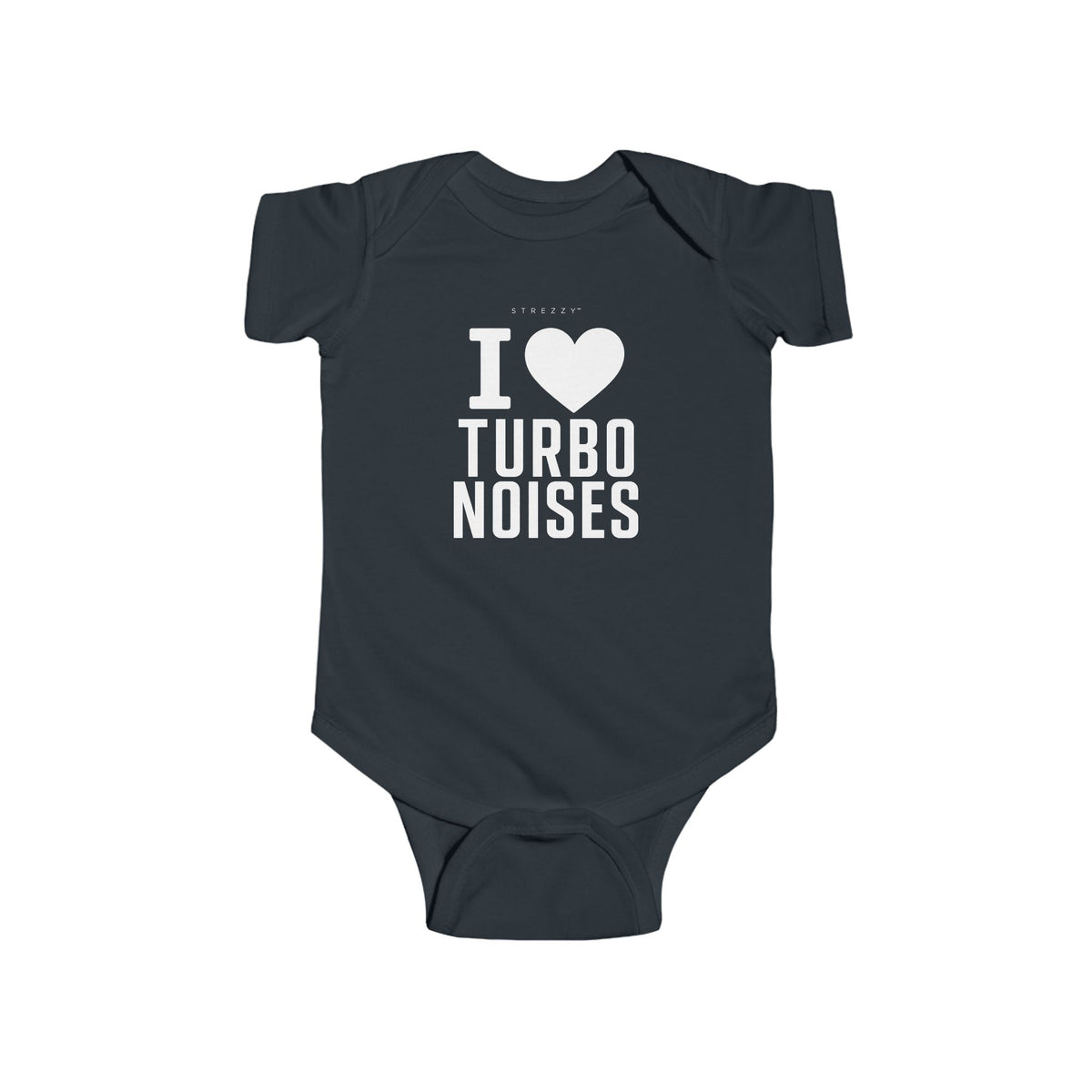 Dark navy baby bodysuit with 'I heart TURBO NOISES' print
