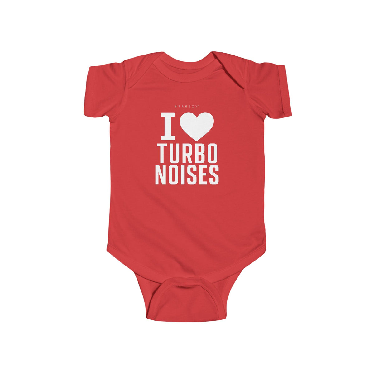 Red baby bodysuit with I heart Turbo Noises graphic
