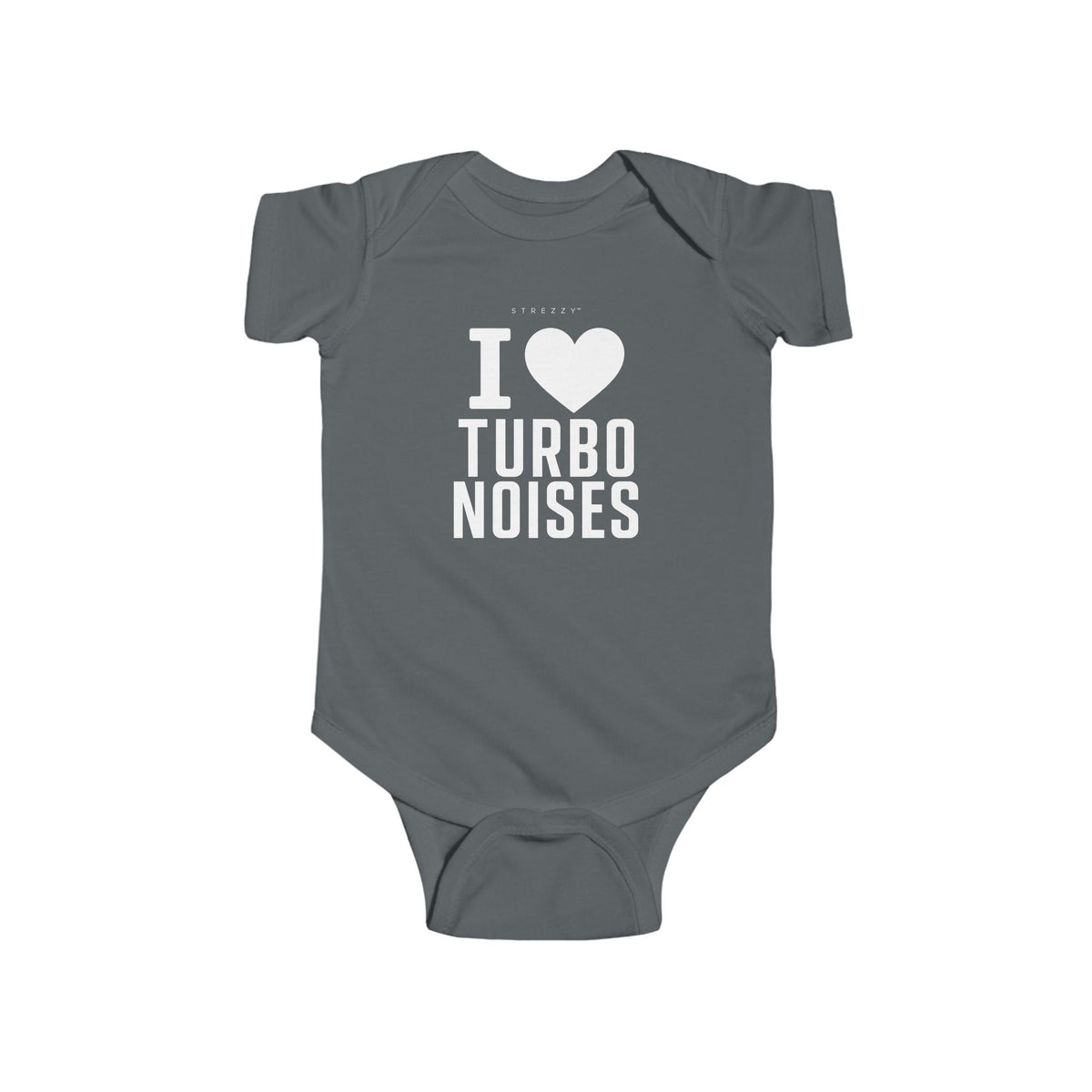Charcoal gray baby bodysuit with I heart Turbo Noises graphic