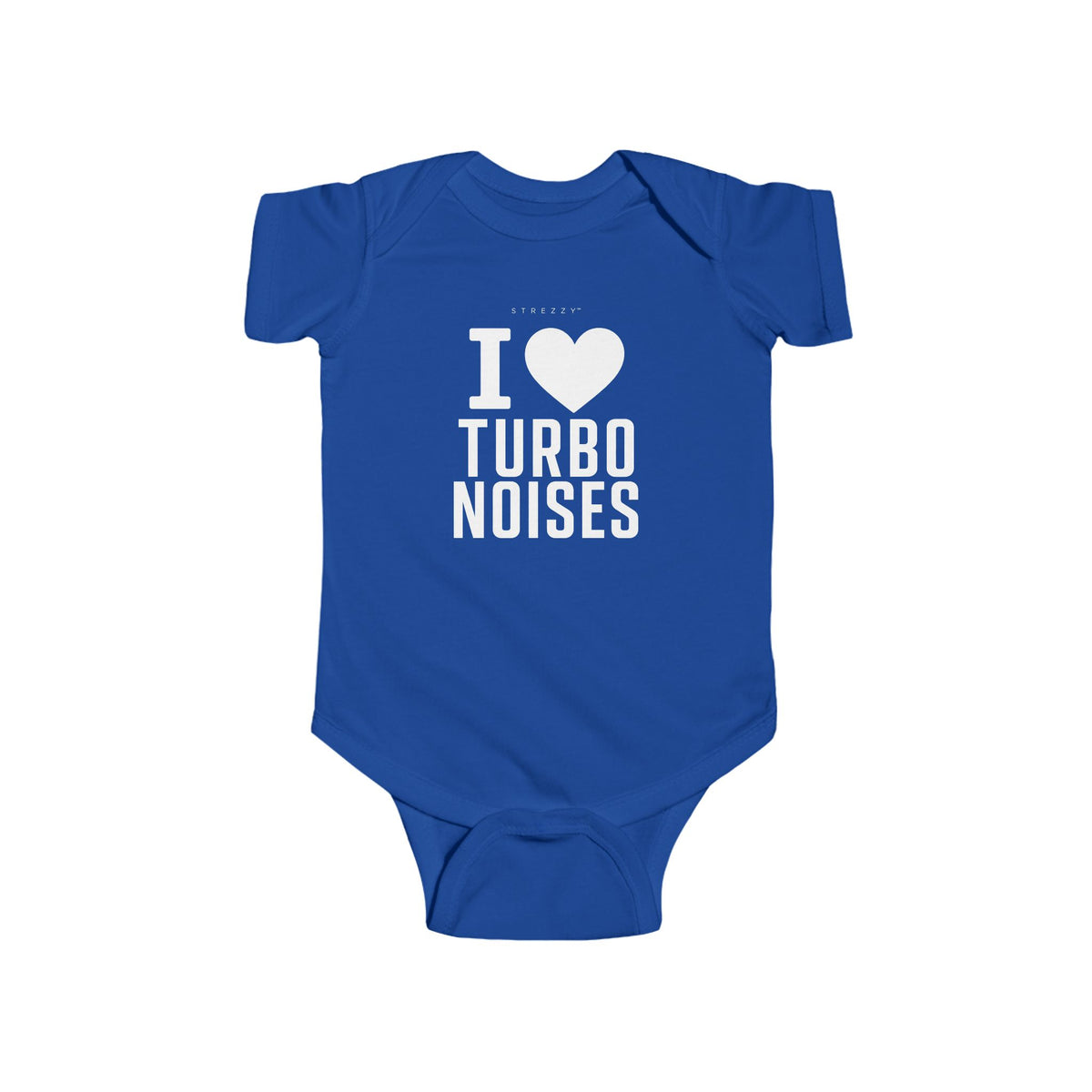 A royal blue baby bodysuit with short sleeves and snap closures, featuring a white graphic print on the chest that reads 'I [heart] TURBO NOISES' with small 'STUDIO' text above, displayed on a solid white background.