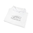 White pullover hoodie folded, featuring Wind Buffeting logo and drawstring hood