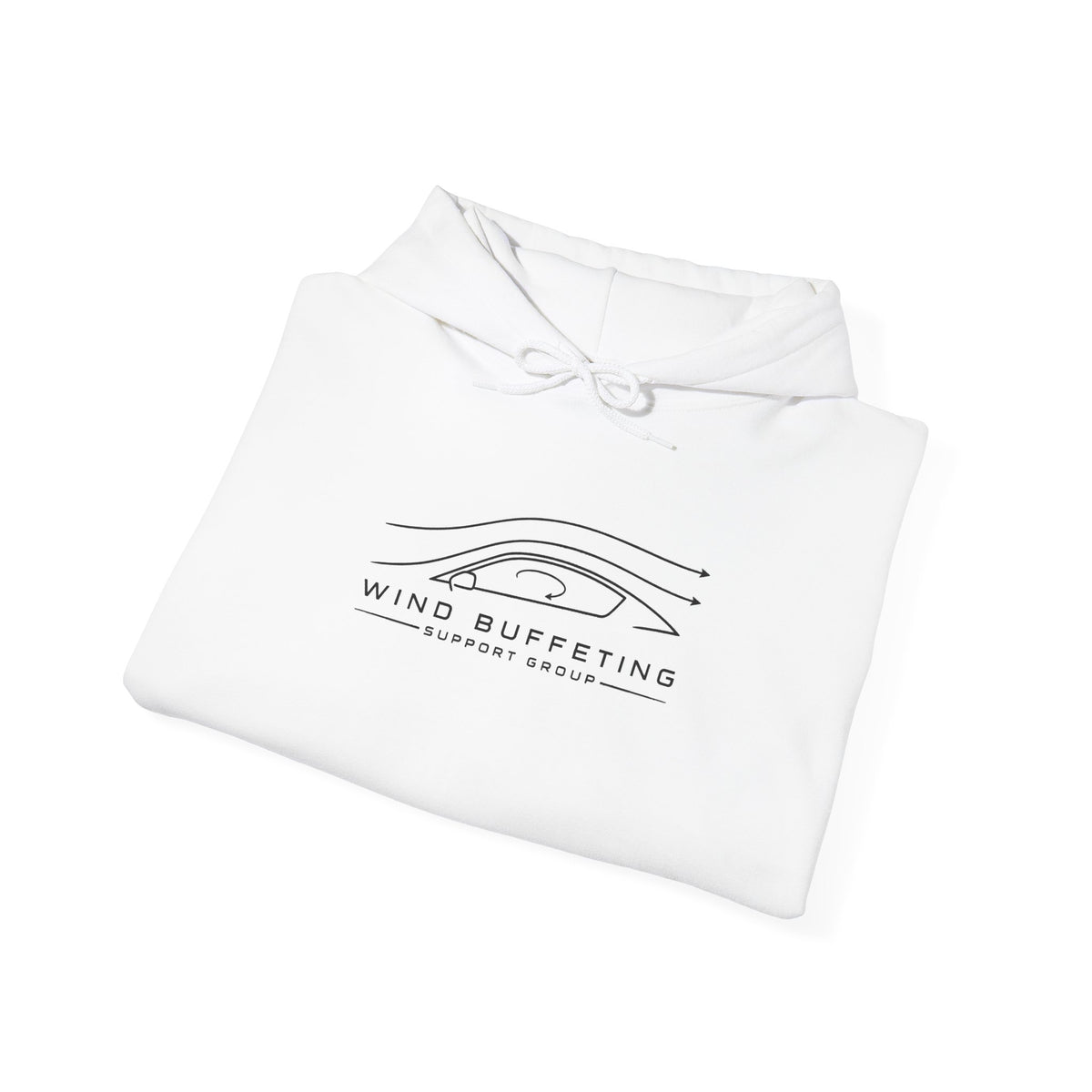 White pullover hoodie folded, featuring Wind Buffeting logo and drawstring hood