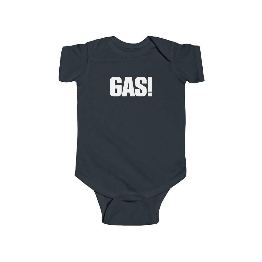 Dark baby bodysuit with short sleeves and bold “GAS!” graphic on the chest