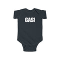 Dark baby bodysuit with short sleeves and bold “GAS!” graphic on the chest