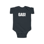 Dark baby bodysuit with short sleeves and bold “GAS!” graphic on the chest