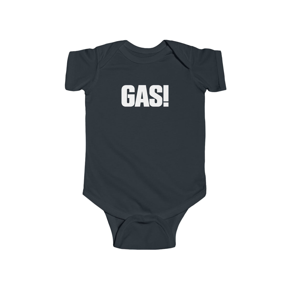 Dark baby bodysuit with short sleeves and bold “GAS!” graphic on the chest
