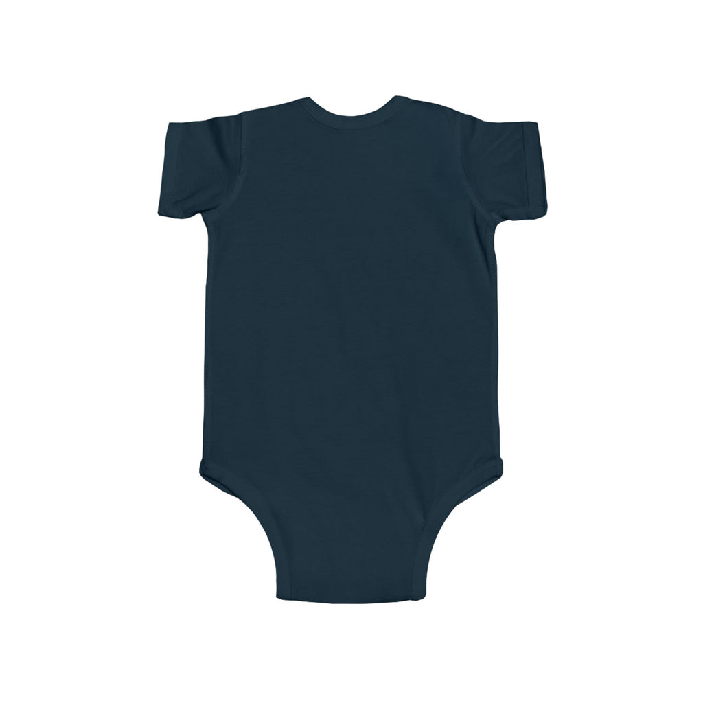 Navy baby bodysuit, plain front with short sleeves and crew neck