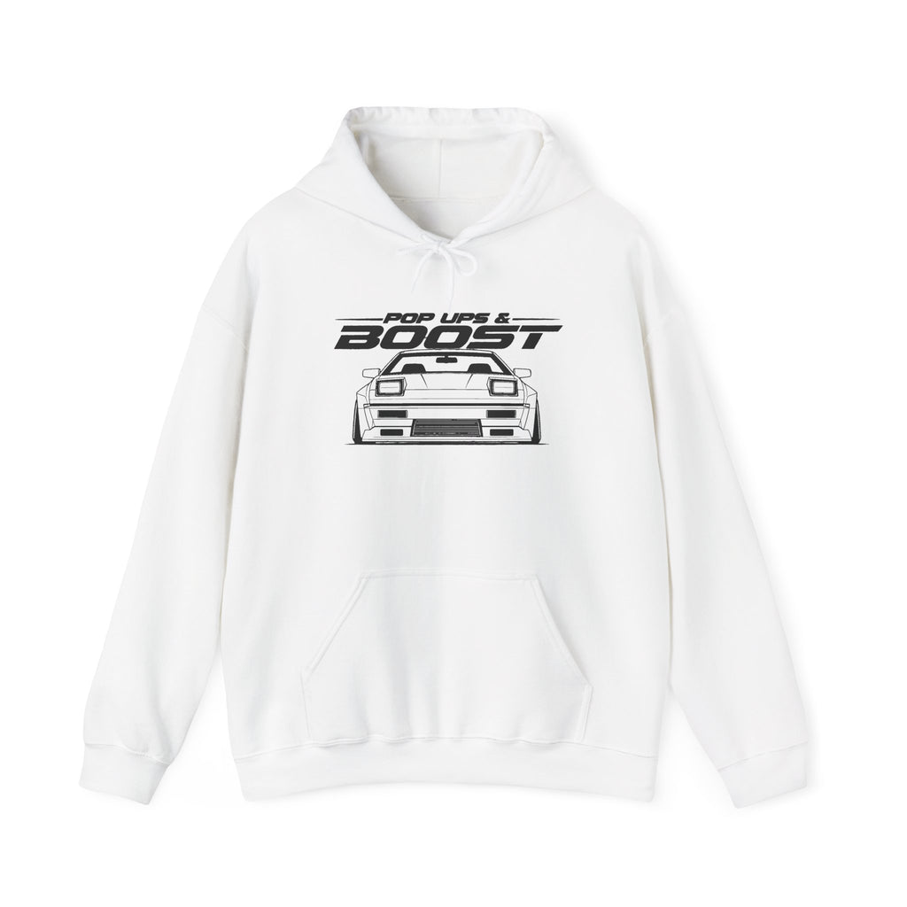 White JDM hoodie with front chest graphic, kangaroo pocket, and drawstring hood
