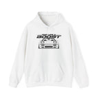 White JDM hoodie with front chest graphic, kangaroo pocket, and drawstring hood