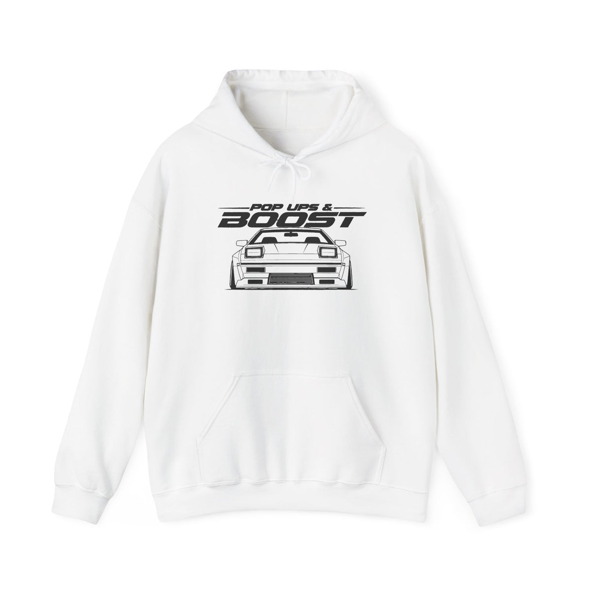 White JDM hoodie with front chest graphic, kangaroo pocket, and drawstring hood