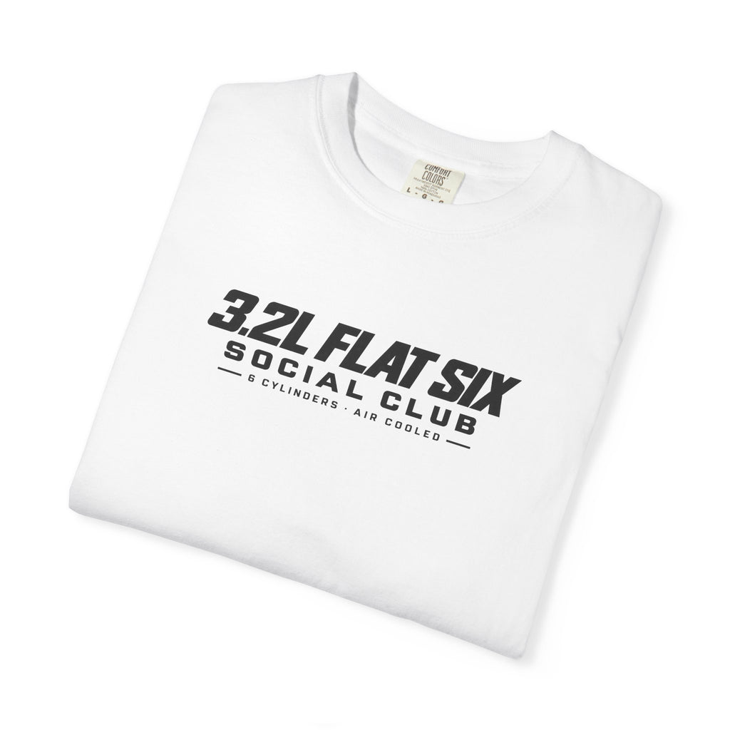 White crewneck T-shirt folded, front "3.2L Flat Six Social Club" graphic