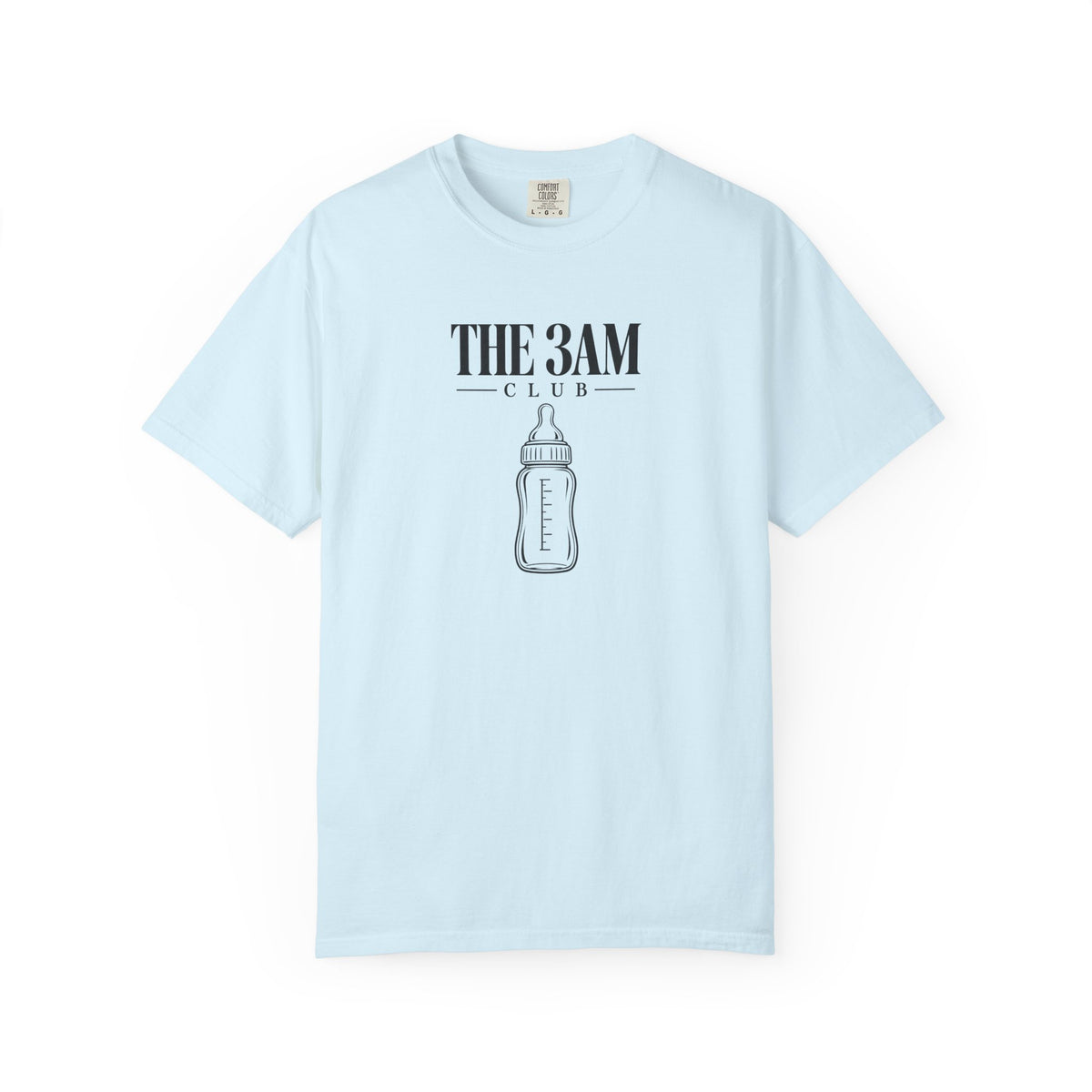 Light blue baby bottle graphic t-shirt with “THE 3AM CLUB” text on the front