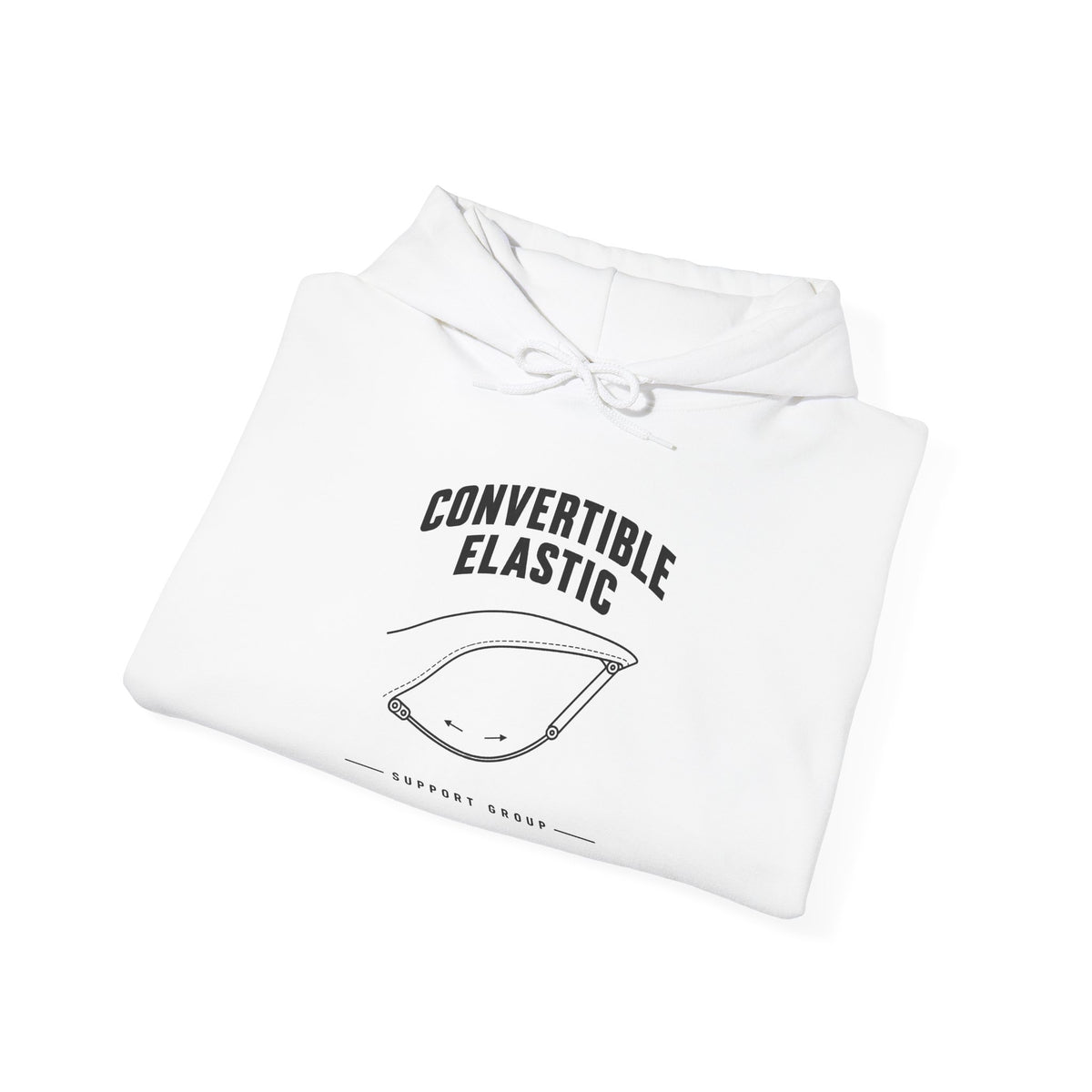 White convertible elastic support hoodie with chest graphic, kangaroo pocket, drawstring