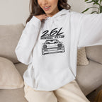 White hoodie with car logo graphic on chest and front pocket, drawstring hood