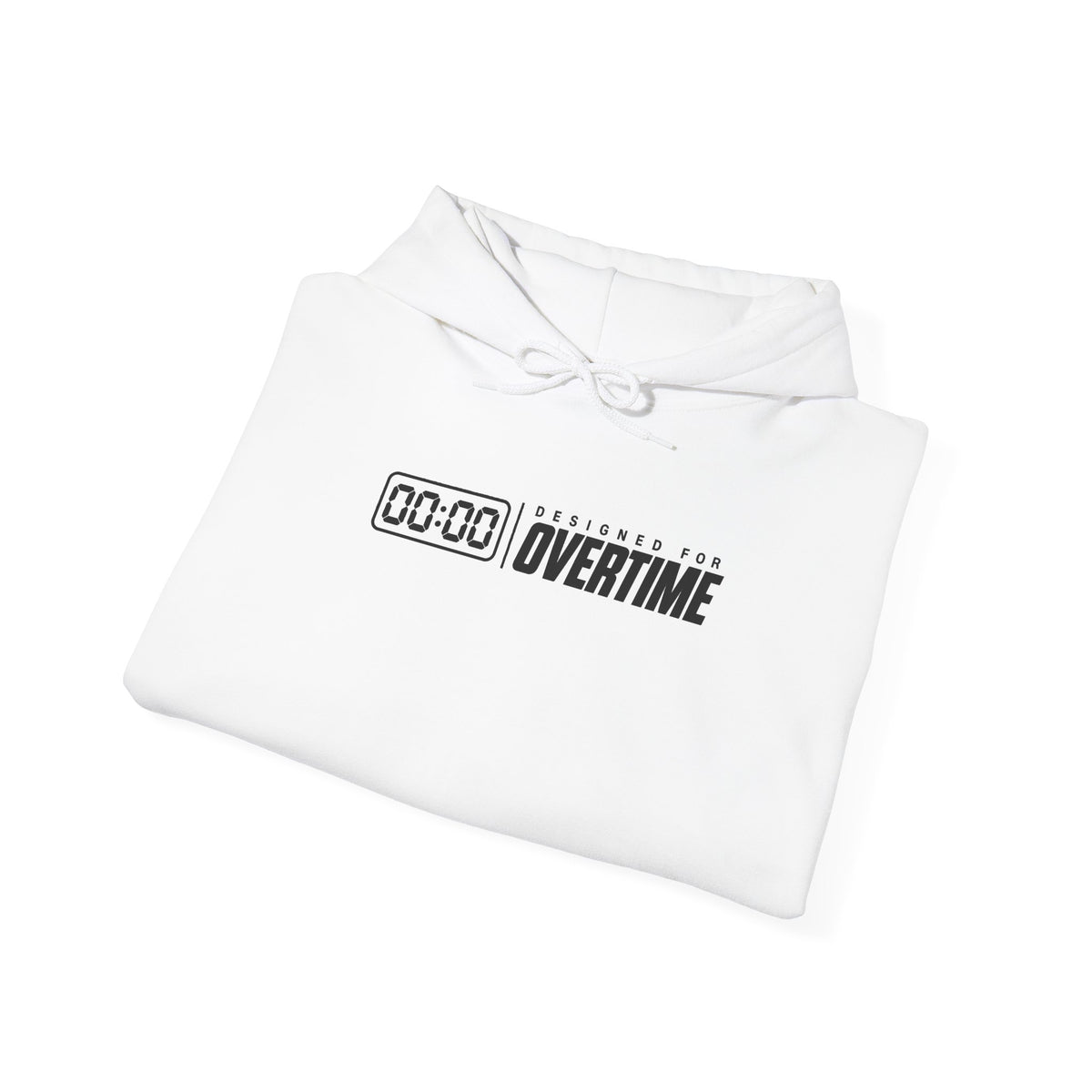 White hoodie folded, with drawstring hood, front pocket, and digital time OVERTIME graphic.
