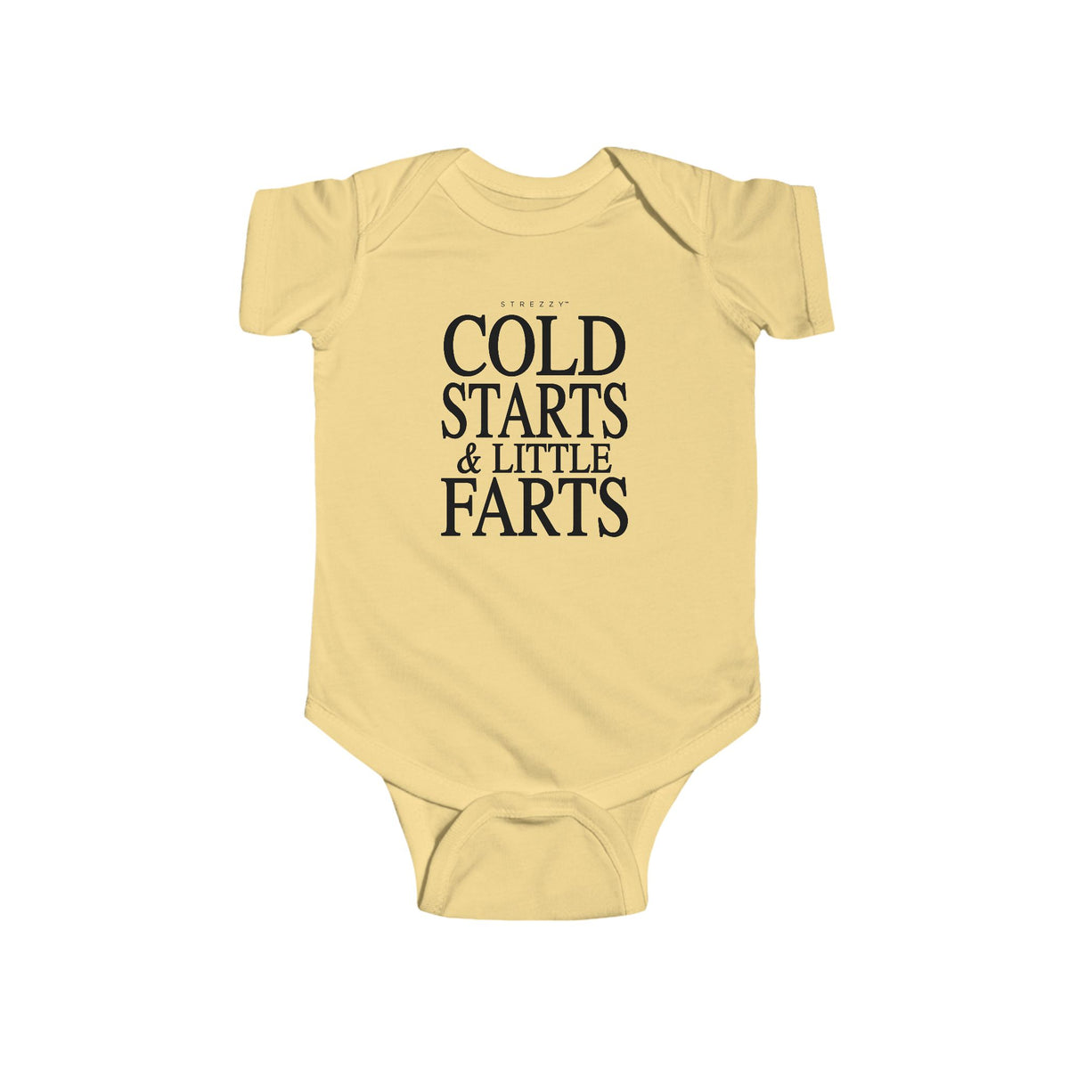 Butter yellow baby bodysuit with “Cold Starts & Little Farts” front text graphic