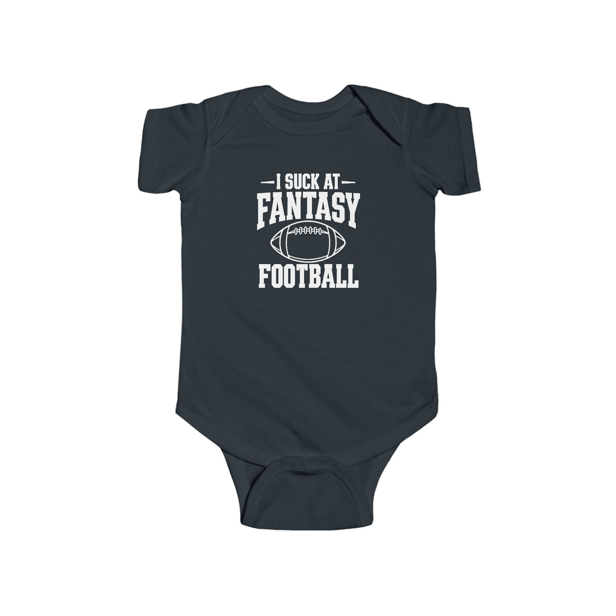 Black baby bodysuit with football graphic and slogan print on the front
